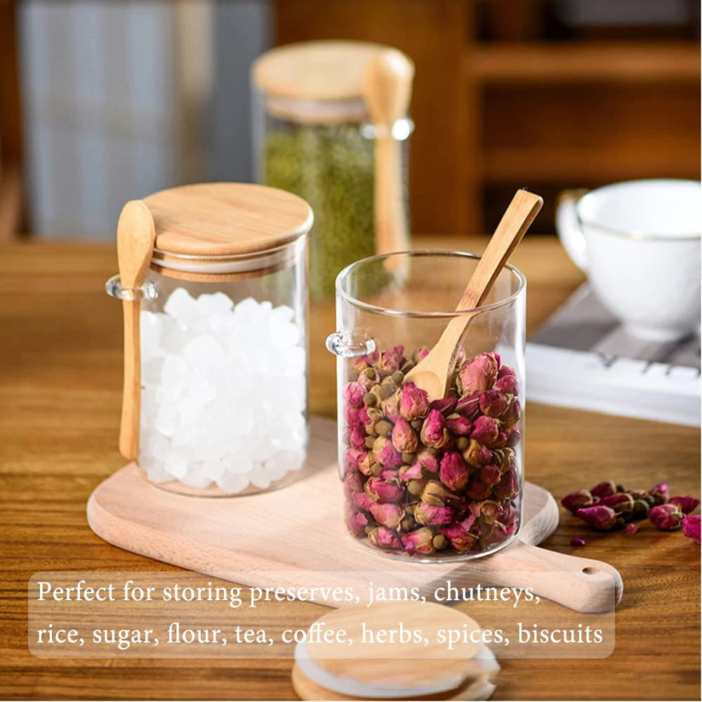 1/2/3/4pcs Airtight Glass Jars with Bamboo Lids and Spoons 18oz Transparent Glass Bulk Food Storage Jar for Spices, Beans, Tea NestNook