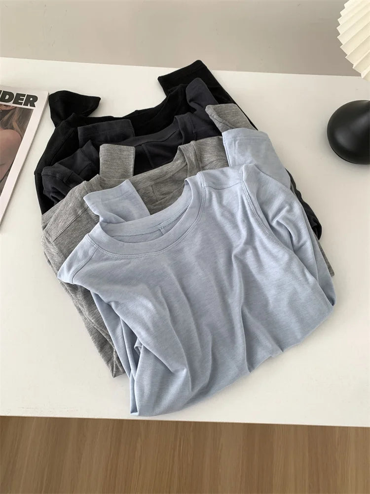Silk Wool Splice Long Sleeve T-shirt Women Spring Summer Thin Soft Waxy Fit Solid Color Backing Top NestNook