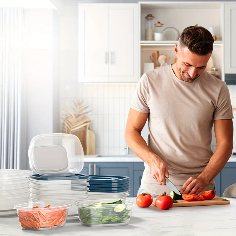 A Set of 6 Transparent Stackable Plastic Food Storage Containers with Blue Lids and Measurement Markings—Reusable, Dishwasher Sa NestNook
