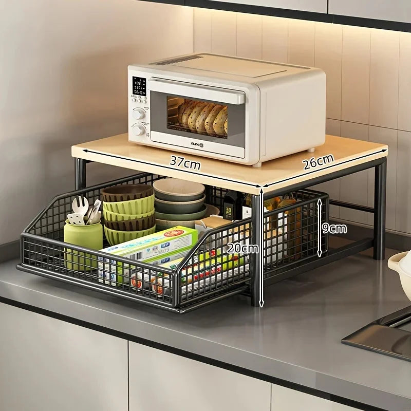 Microwave Rack Organizer – Solid Wood and Metal Countertop Shelf NestNook