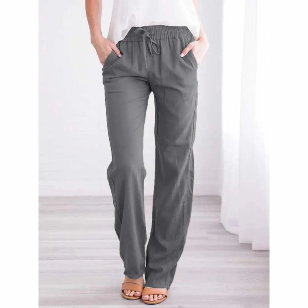 Women Cotton Linen Drawstring Pants Elastic Waist Casual Solid Color Trousers Baggy Loose Straight Leg Breathable Sweatpants NestNook
