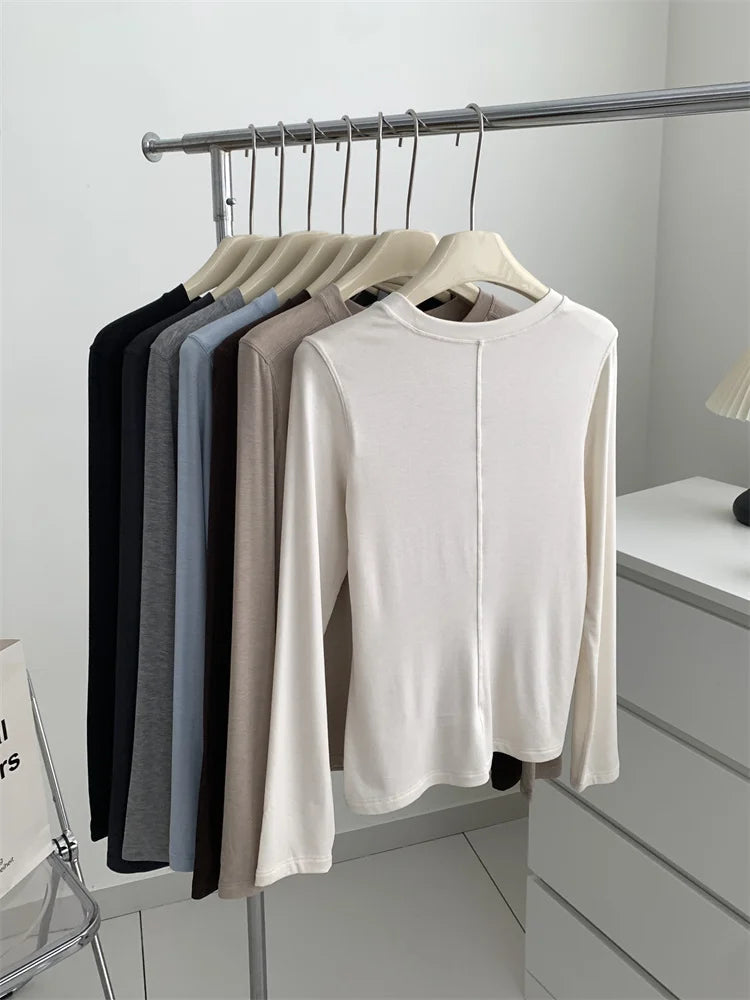 Silk Wool Splice Long Sleeve T-shirt Women Spring Summer Thin Soft Waxy Fit Solid Color Backing Top NestNook