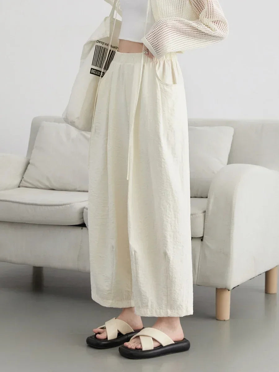 CHIC VEN Women White Pants Solid Casual Elastic Waist High Waisted Pleated Wide Leg Female Trousers  Fold Summer 2025 Clothing NestNook