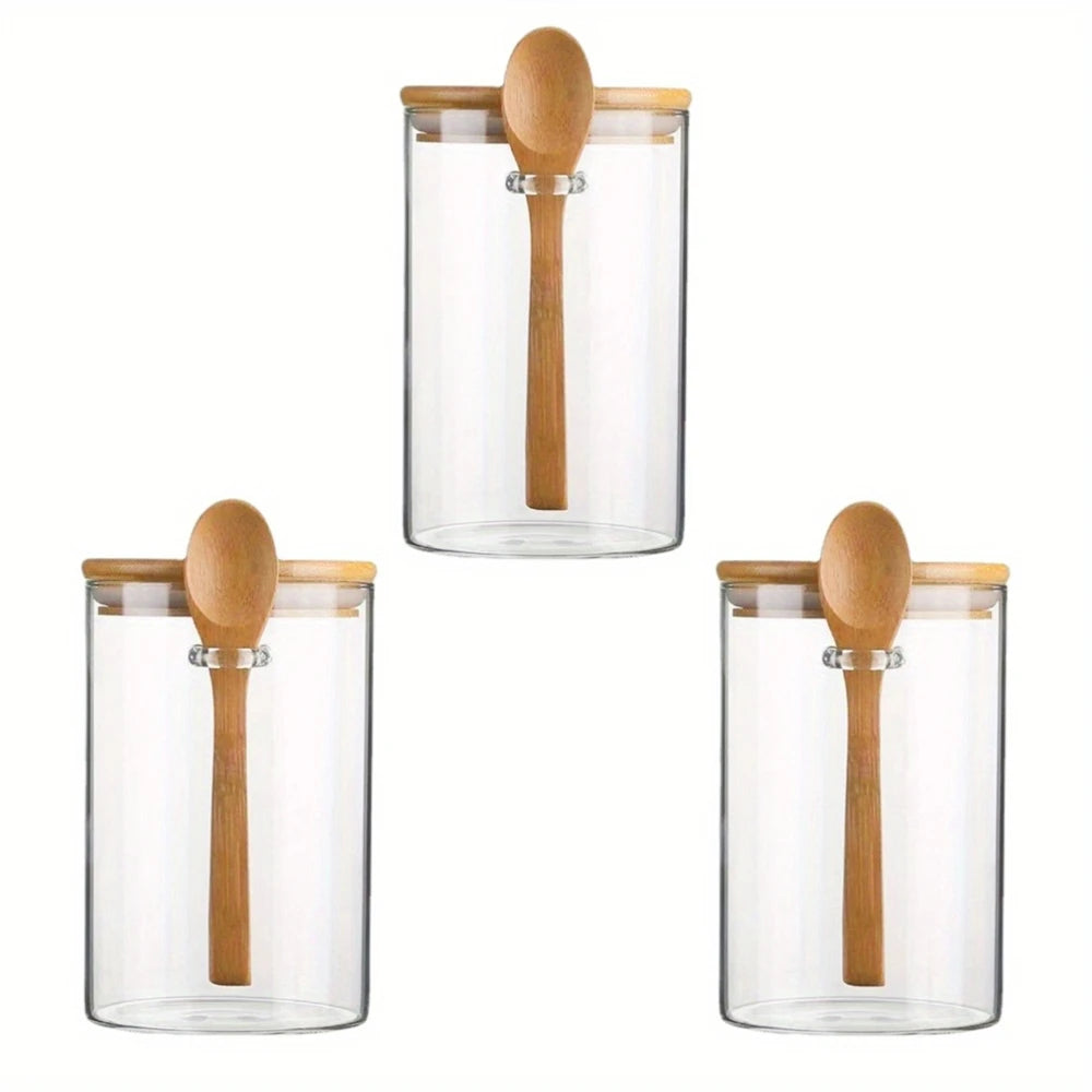 1/2/3/4pcs Airtight Glass Jars with Bamboo Lids and Spoons 18oz Transparent Glass Bulk Food Storage Jar for Spices, Beans, Tea NestNook