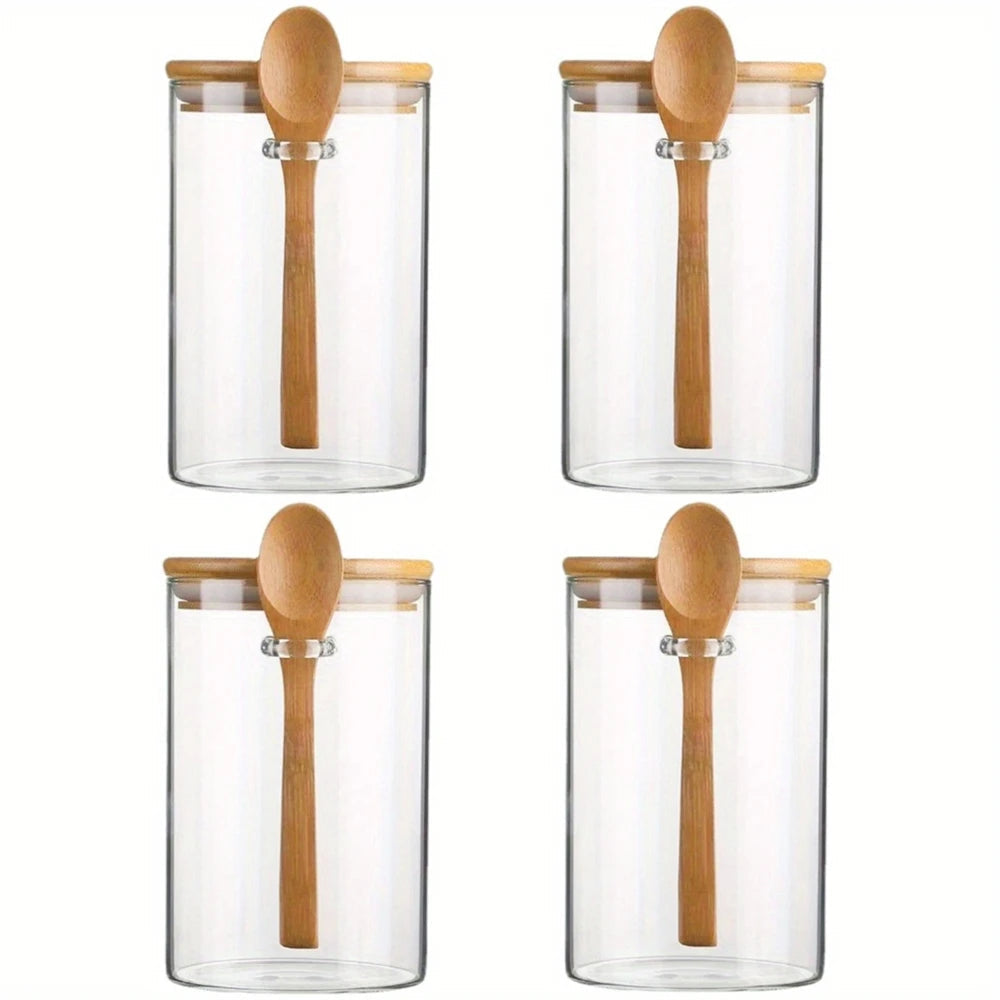 1/2/3/4pcs Airtight Glass Jars with Bamboo Lids and Spoons 18oz Transparent Glass Bulk Food Storage Jar for Spices, Beans, Tea NestNook