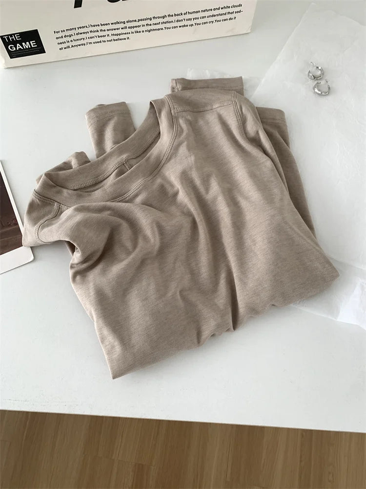 Silk Wool Splice Long Sleeve T-shirt Women Spring Summer Thin Soft Waxy Fit Solid Color Backing Top NestNook