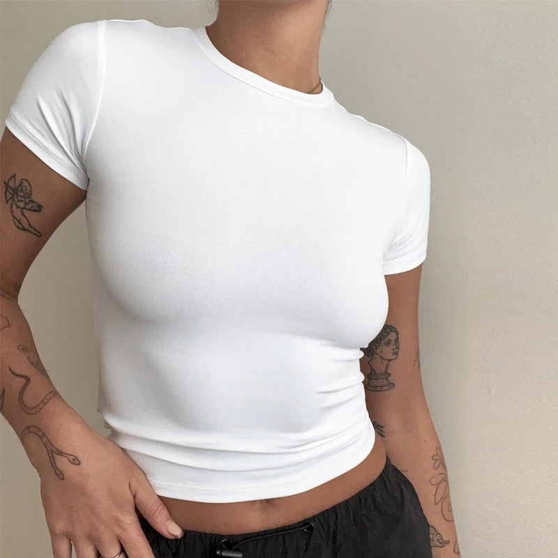 Woman Clothing Short Sleeve T-shirt Slim Fit Tops Female O-Neck Knitted Sheath Tee Shirt Street Wear Sex Sporty 2024 Y2K New2410 NestNook
