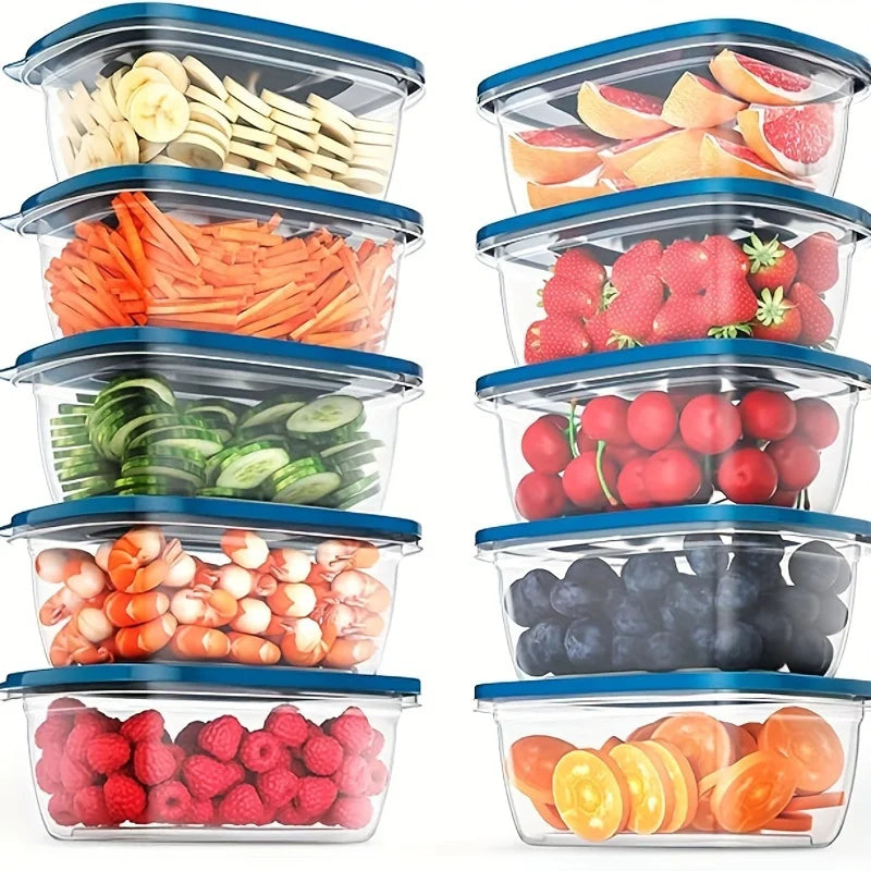 A Set of 6 Transparent Stackable Plastic Food Storage Containers with Blue Lids and Measurement Markings—Reusable, Dishwasher Sa NestNook