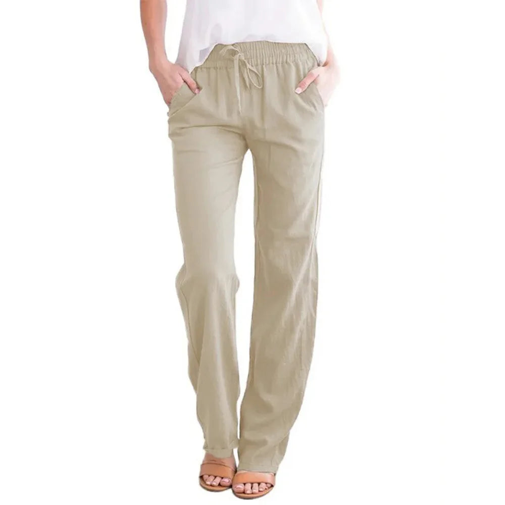 Women Cotton Linen Drawstring Pants Elastic Waist Casual Solid Color Trousers Baggy Loose Straight Leg Breathable Sweatpants NestNook