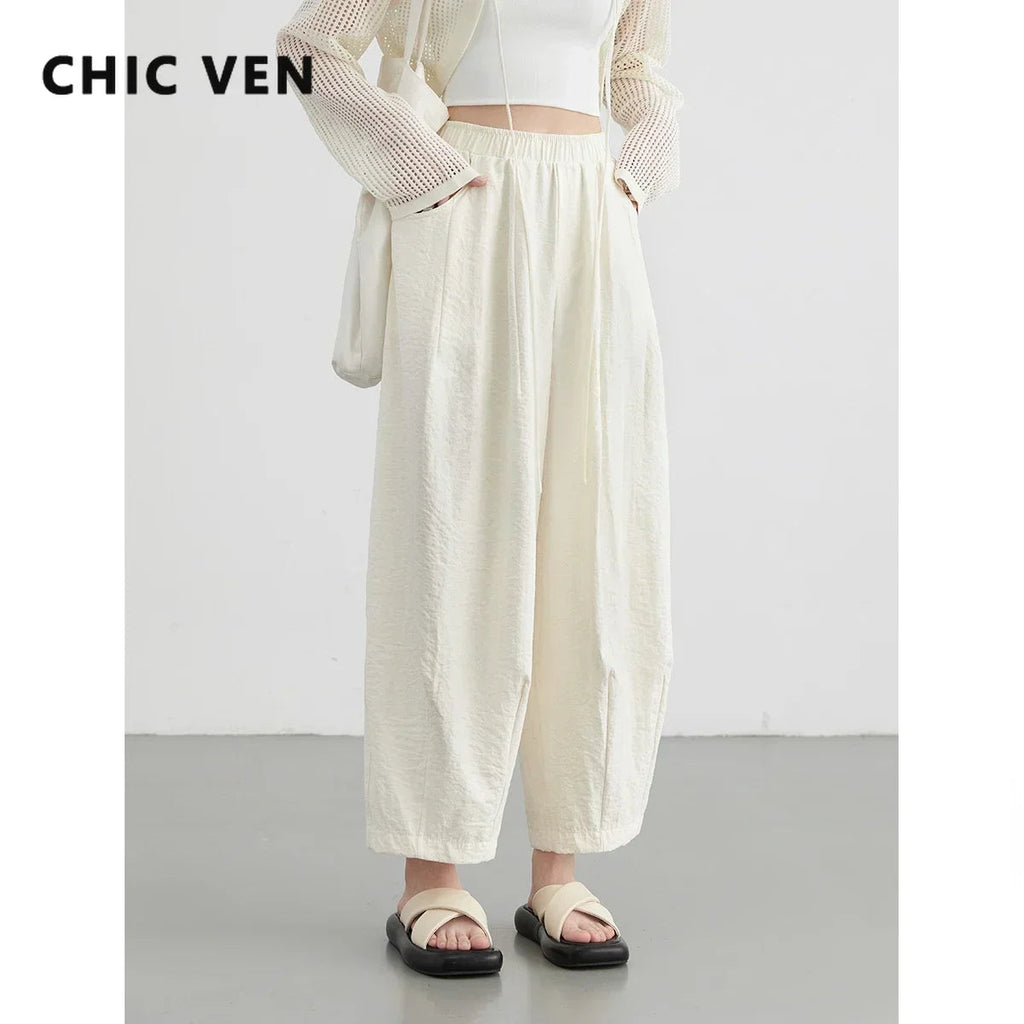 CHIC VEN Women White Pants Solid Casual Elastic Waist High Waisted Pleated Wide Leg Female Trousers  Fold Summer 2025 Clothing NestNook