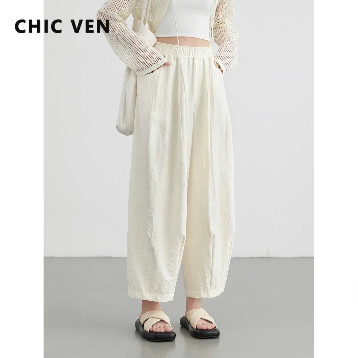 CHIC VEN Women White Pants Solid Casual Elastic Waist High Waisted Pleated Wide Leg Female Trousers  Fold Summer 2025 Clothing NestNook