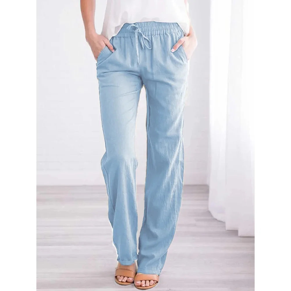 Women Cotton Linen Drawstring Pants Elastic Waist Casual Solid Color Trousers Baggy Loose Straight Leg Breathable Sweatpants NestNook