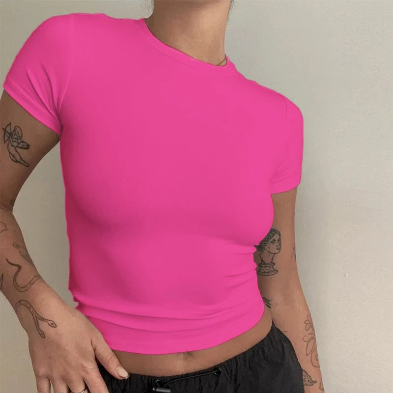 Woman Clothing Short Sleeve T-shirt Slim Fit Tops Female O-Neck Knitted Sheath Tee Shirt Street Wear Sex Sporty 2024 Y2K New2410 NestNook