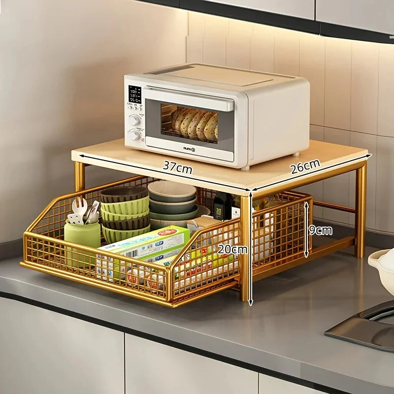 Microwave Rack Organizer – Solid Wood and Metal Countertop Shelf NestNook