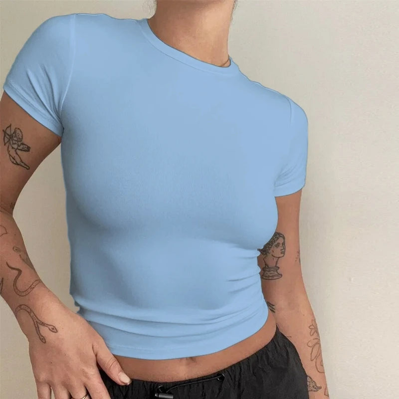 Woman Clothing Short Sleeve T-shirt Slim Fit Tops Female O-Neck Knitted Sheath Tee Shirt Street Wear Sex Sporty 2024 Y2K New2410 NestNook