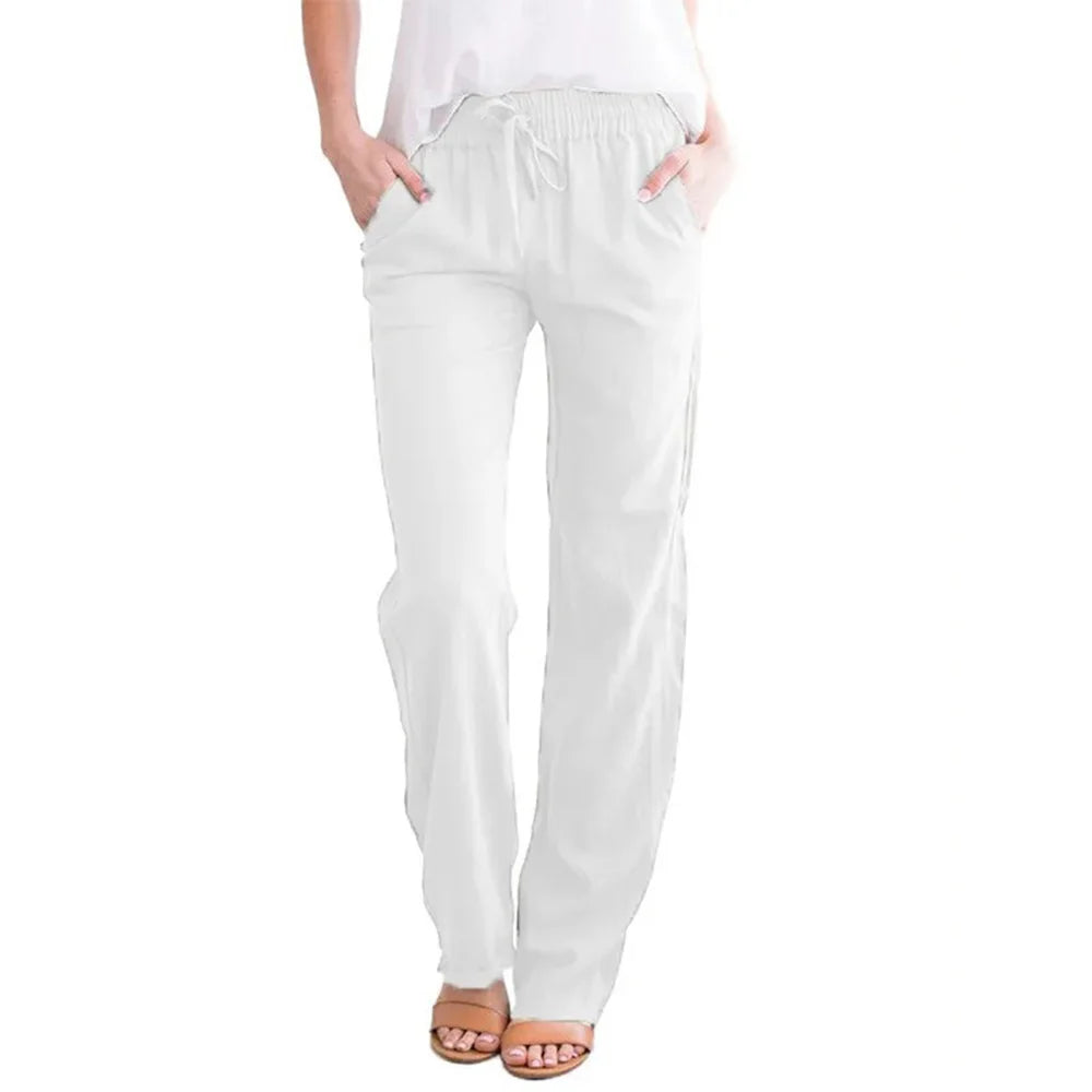 Women Cotton Linen Drawstring Pants Elastic Waist Casual Solid Color Trousers Baggy Loose Straight Leg Breathable Sweatpants NestNook