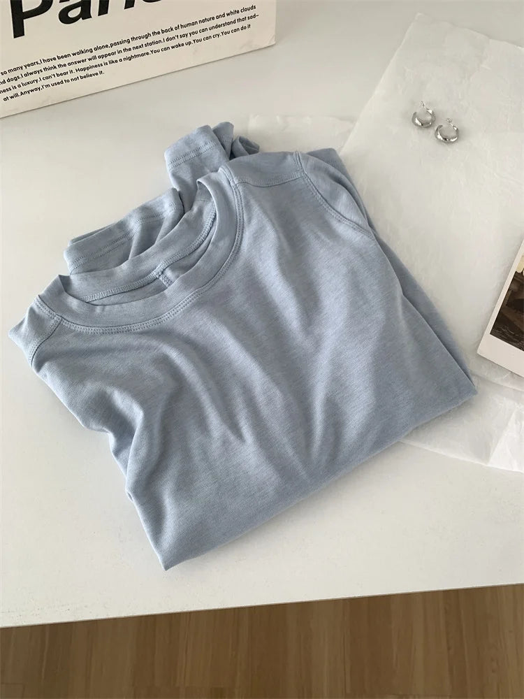 Silk Wool Splice Long Sleeve T-shirt Women Spring Summer Thin Soft Waxy Fit Solid Color Backing Top NestNook