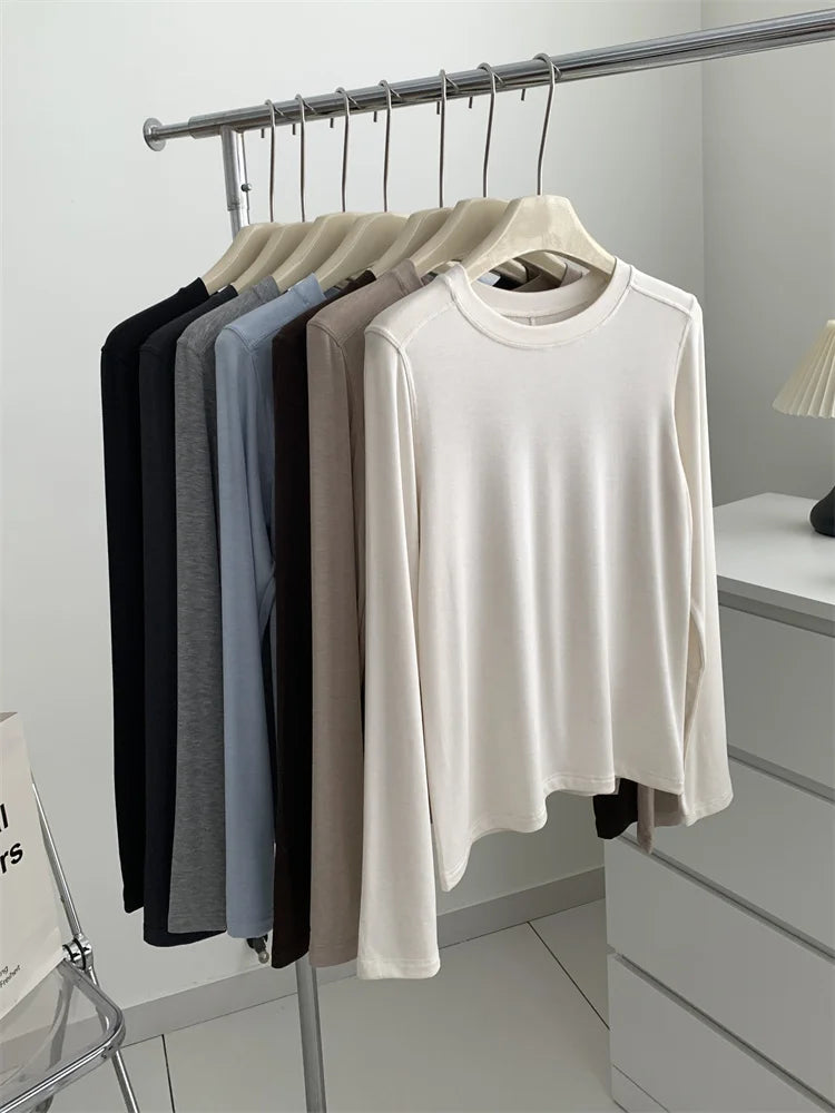 Silk Wool Splice Long Sleeve T-shirt Women Spring Summer Thin Soft Waxy Fit Solid Color Backing Top NestNook
