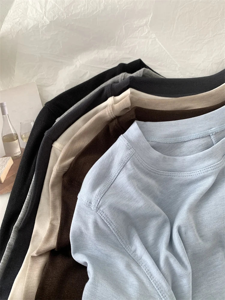 Silk Wool Splice Long Sleeve T-shirt Women Spring Summer Thin Soft Waxy Fit Solid Color Backing Top NestNook