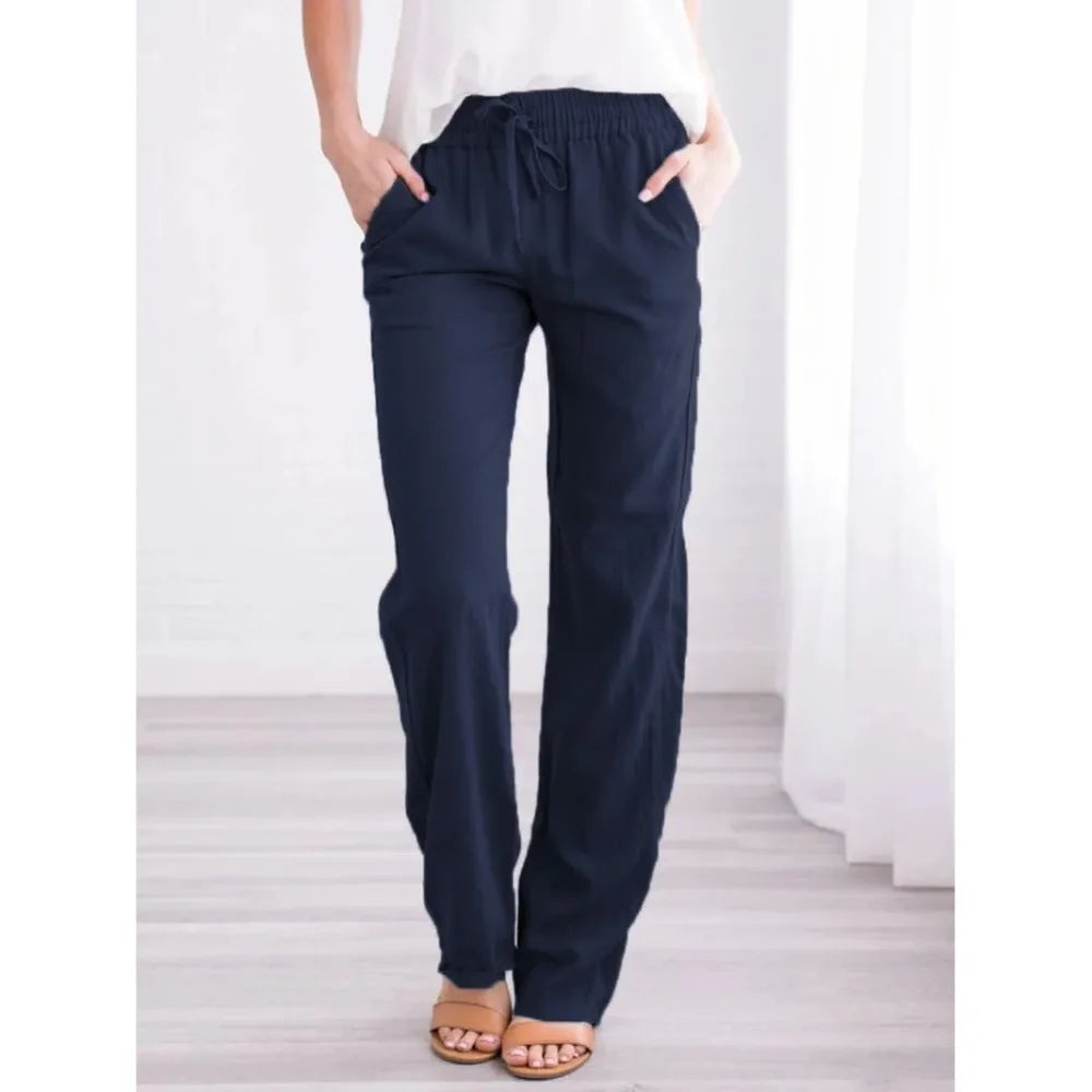 Women Cotton Linen Drawstring Pants Elastic Waist Casual Solid Color Trousers Baggy Loose Straight Leg Breathable Sweatpants NestNook