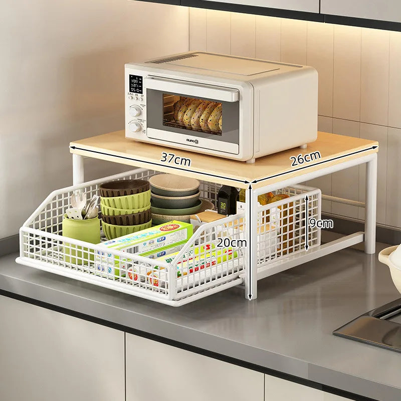 Microwave Rack Organizer – Solid Wood and Metal Countertop Shelf NestNook