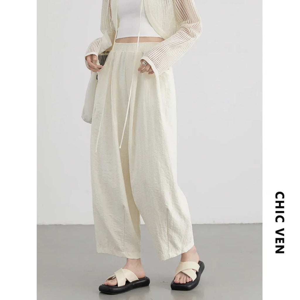 CHIC VEN Women White Pants Solid Casual Elastic Waist High Waisted Pleated Wide Leg Female Trousers  Fold Summer 2025 Clothing NestNook