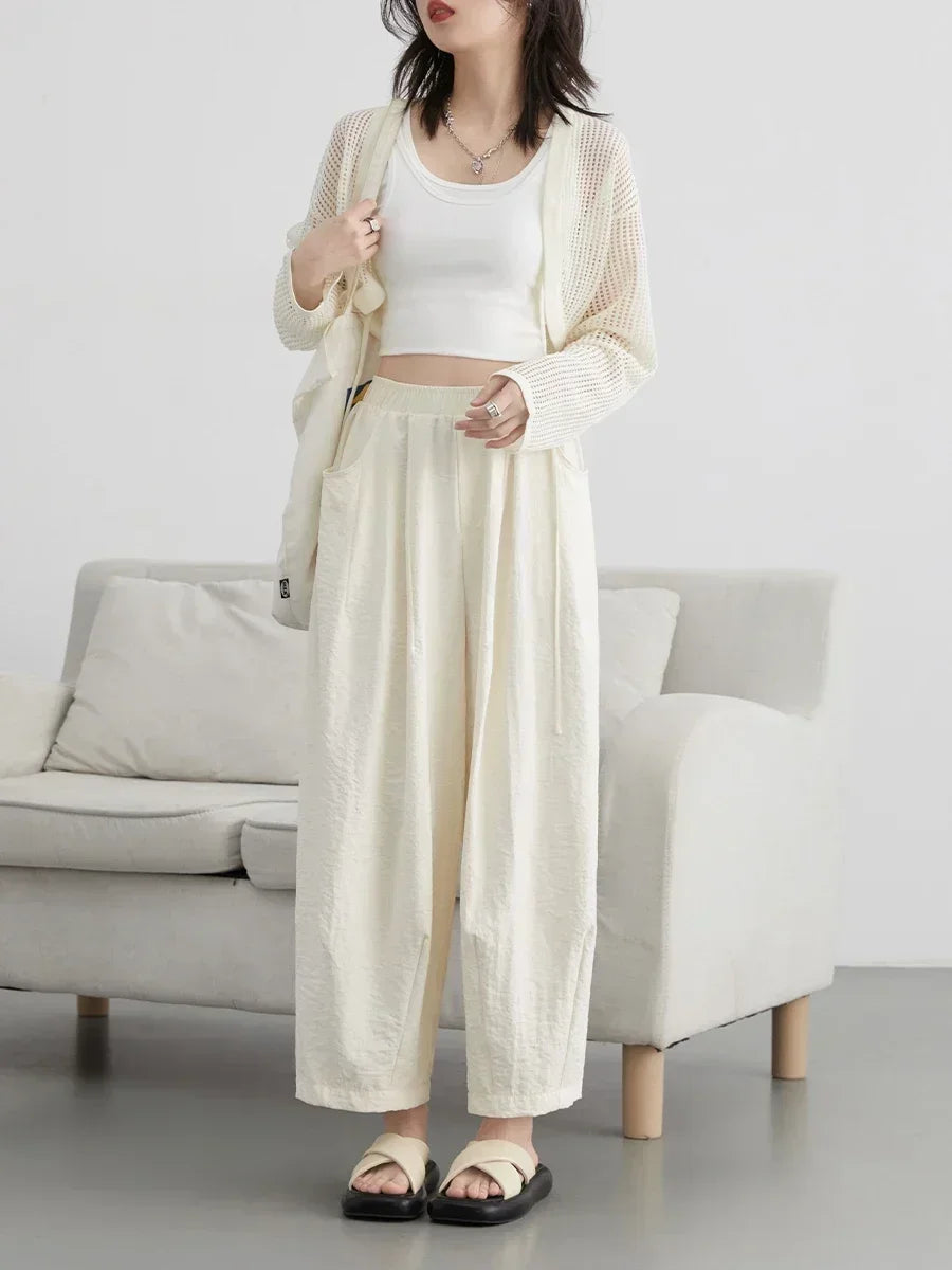 CHIC VEN Women White Pants Solid Casual Elastic Waist High Waisted Pleated Wide Leg Female Trousers  Fold Summer 2025 Clothing NestNook