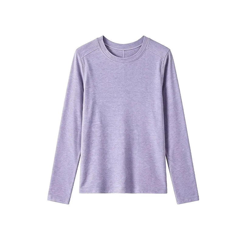 Silk Wool Splice Long Sleeve T-shirt Women Spring Summer Thin Soft Waxy Fit Solid Color Backing Top NestNook