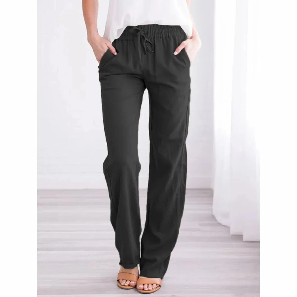 Women Cotton Linen Drawstring Pants Elastic Waist Casual Solid Color Trousers Baggy Loose Straight Leg Breathable Sweatpants NestNook
