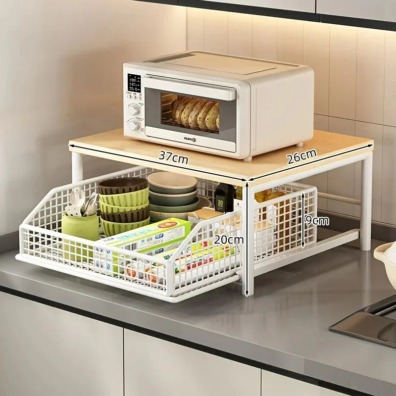 Microwave Rack Organizer – Solid Wood and Metal Countertop Shelf NestNook